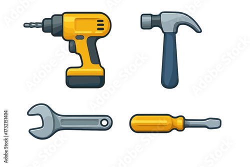 Essential construction and home repair tools collection with power drill, claw hammer, adjustable wrench, and flathead screwdriver