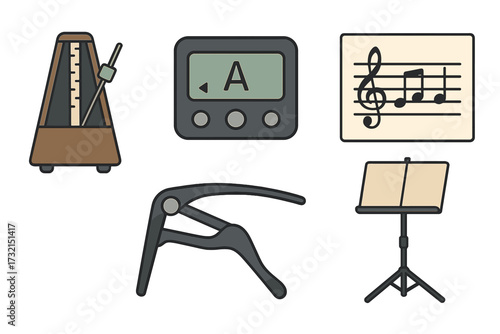 Set of essential musical accessories for practice and performance including metronome, tuner, sheet music, capo, and music stand