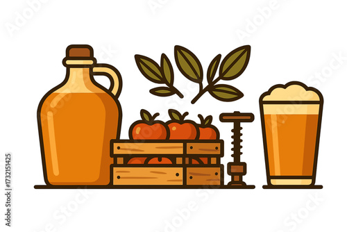 Rustic apple cider production setup featuring a jug, wooden crate of fresh apples, a press, and a glass of refreshing beverage