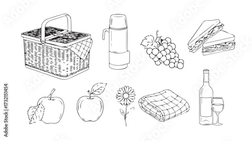 Picnic elements collection fresh fruits bottle wine cheese bread basket blanket and flower line art style vector