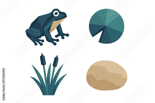 Geometric frog, lily pad, cattails, and rock in a natural pond environment, ideal for wildlife habitat designs