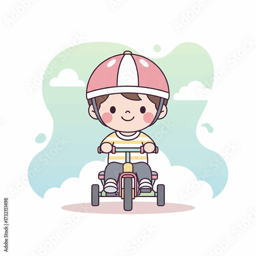 A happy child rides a tricycle outdoors under sunny skies with a helmet on.