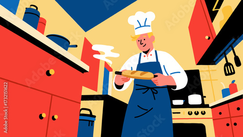 The baker is baking. Cartoon hand-drawn vector illustration