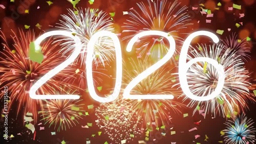 2026 New Year card background with fireworks and festive confetti