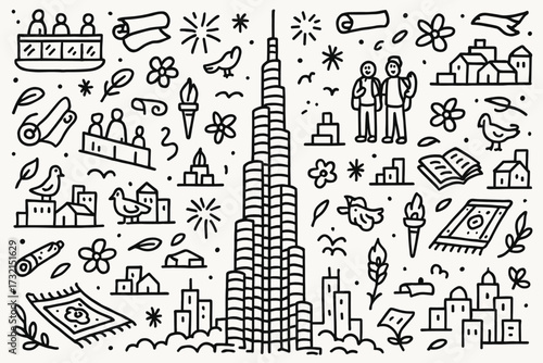 Dubai tourism linear icon set. discover landmarks and culture in line art style.