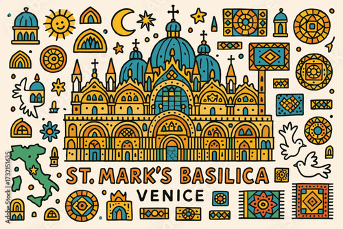 Venice landmark solid icon set. st. mark's basilica, italy symbols solid icons
