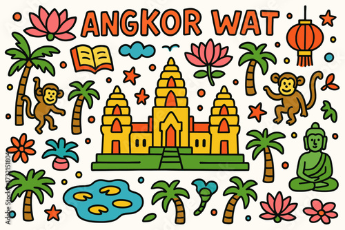 Angkor wat, cambodia landmark flat icon set. temples, monkeys, lotus, buddha icons.