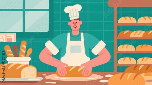 The baker is baking. Cartoon hand-drawn vector illustration