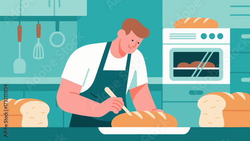The baker is baking. Cartoon hand-drawn vector illustration