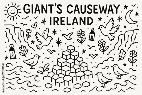 “ireland tourist attractions outline icon set featuring giant's causeway”