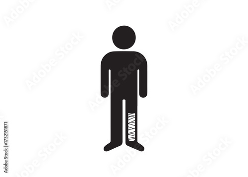 Stick figure with broken leg isolated on white background
