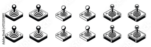 Collection of black and white isometric video game joysticks retro controller
