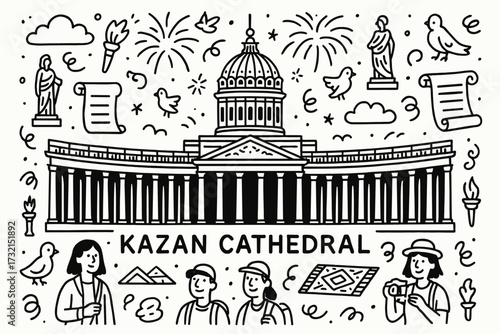 Kazan cathedral icon set outline. architecture, landmarks, symbols collection.