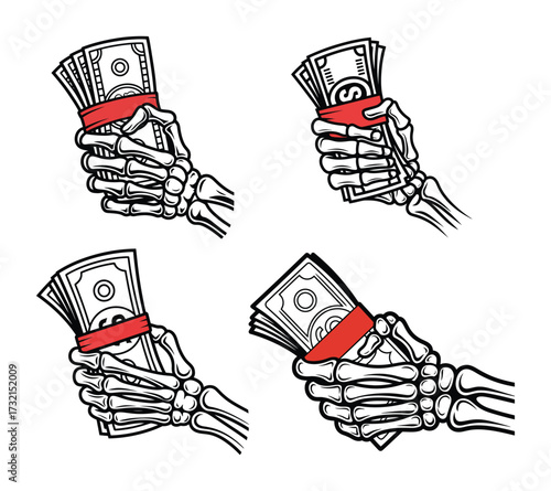 Skeleton hands holding stacks of cash money tied with red bands currency dollar bills