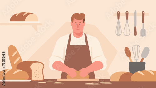 The baker is baking. Cartoon hand-drawn vector illustration