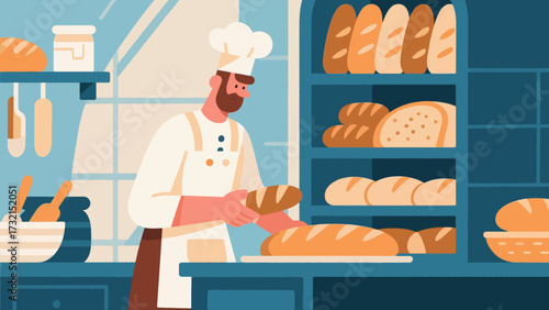The baker is baking. Cartoon hand-drawn vector illustration