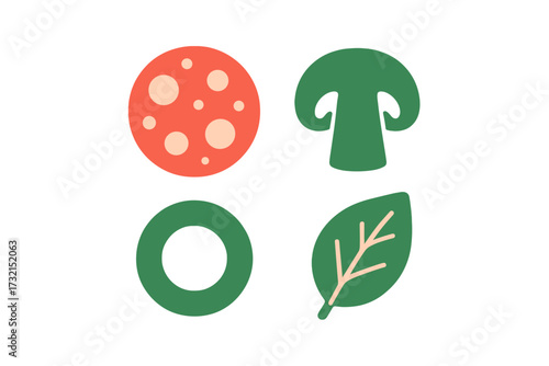 Vibrant flat design food icons assortment featuring pepperoni, mushroom, olive, and spinach leaf for diverse culinary projects