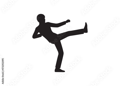 Silhouette of a man kicking isolated on white background