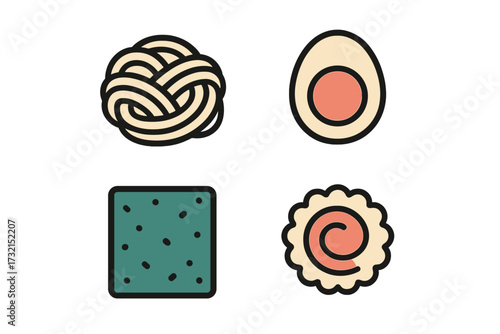Stylized Asian food ingredients collection featuring ramen noodles, boiled egg, seaweed, and narutomaki fish cake icons for culinary design