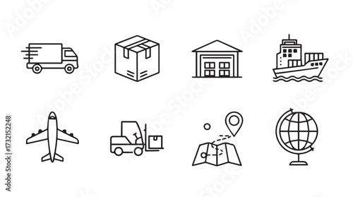 Logistics and shipping icons set global transportation delivery services cargo freight movement vector