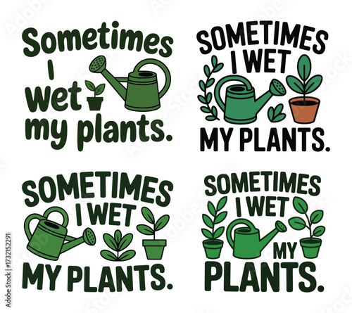 Four cartoon illustrations of watering cans and potted plants with text gardening