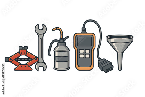 Essential automotive repair tools and equipment for vehicle maintenance and service tasks: jack, wrench, oil can, scanner, funnel