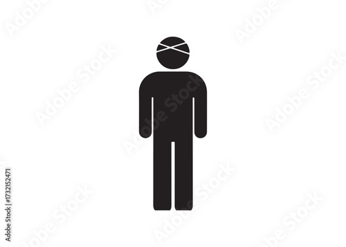 Stick figure with head bandage isolated on white background, injury concept