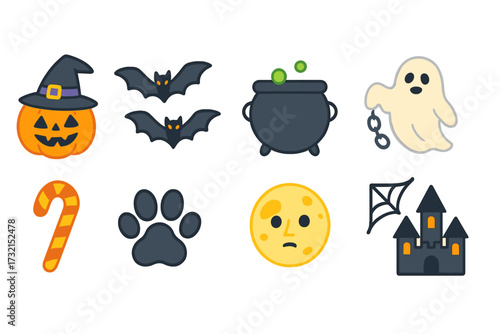 Halloween-themed icon set. pumpkin, ghost, and cauldron icons in glowing outline style.