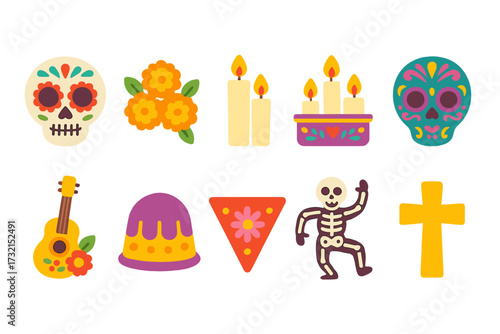Day of the dead flat icon set. colorful symbols of día de los muertos celebration