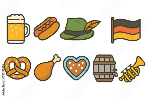 Oktoberfest flat icon set. beer, sausage, pretzel, and bavarian culture icons collection
