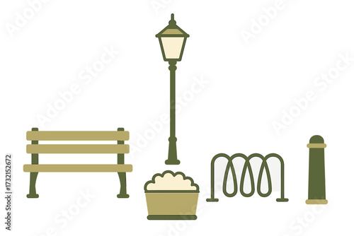 Urban park and street furniture elements set with bench, lamp, planter, bicycle rack, and bollard