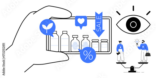 Hand holding smartphone showing eco-friendly products with discount tags. Eye, scales, and people with ideas symbolize consumer behavior, sustainability, and decision-making. Ideal for e-commerce