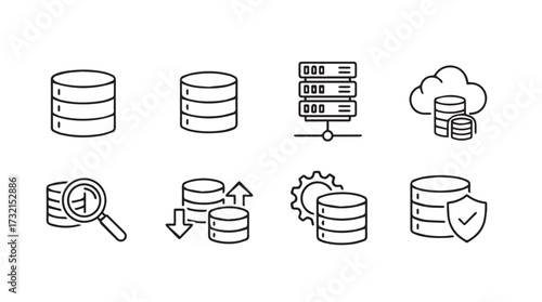 Set of hand-drawn database icons representing storage security cloud and data analysis concepts in a sketch style vector