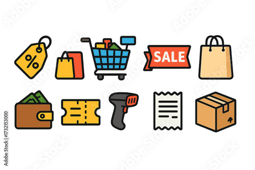 Shopping and retail icon set. flat style collection for e-commerce and sales marketing