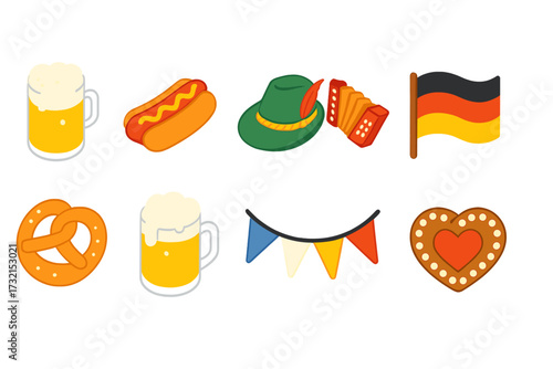 Oktoberfest flat icon set. beer, pretzel, hat, german flag, hotdog, accordion collection