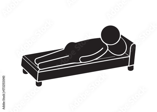 Stick figure lying on the bed with pillow isolated on white background