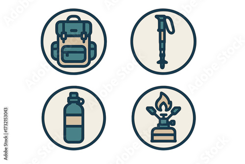 Collection of essential outdoor adventure equipment for camping and hiking trips, featuring a backpack, trekking pole, water bottle, and portable camping stove