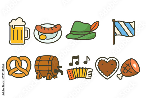 Oktoberfest, german culture flat icon set. beer, pretzel, flag, sausage icons collection