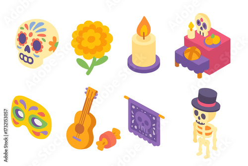 Day of the dead 3d icon set. festive, colorful, traditional celebration icons