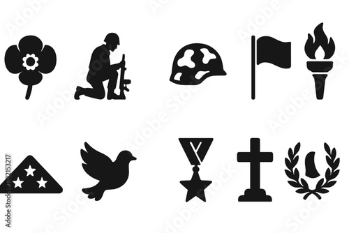 Military and memorial silhouette icon set. honor, service, and sacrifice recognition icons.