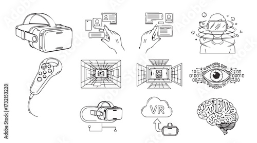 Collection of hand-drawn icons representing virtual reality technology and concepts vector