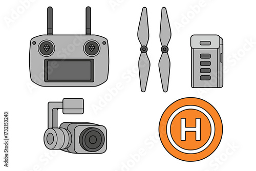 Drone accessories set including remote controller propellers battery gimbal camera and helipad symbol