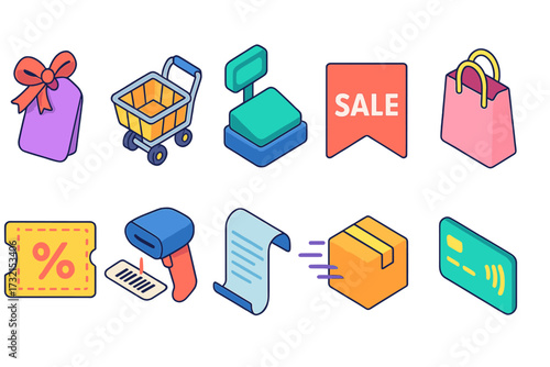 Shopping and retail icon set. colorful flat style for e-commerce and sales needs