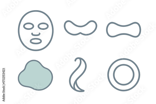 Collection of skincare and beauty product icons featuring face mask, eye patches, cream, and natural ingredient symbols for cosmetic care
