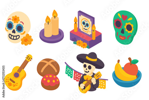 Day of the dead 3d icon set. festive, cultural, colorful icons for celebrations