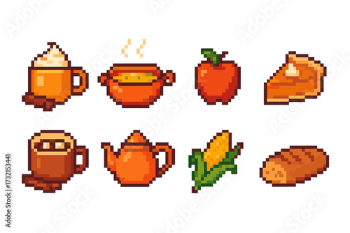 Autumn harvest icon set. cozy food and drink pixel art collection.