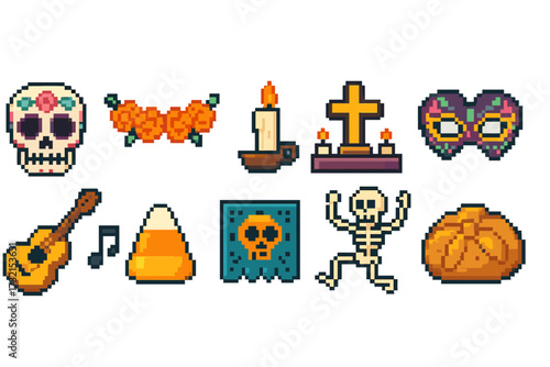 Día de los muertos pixel icon set. skulls, candles, marigolds halloween collection