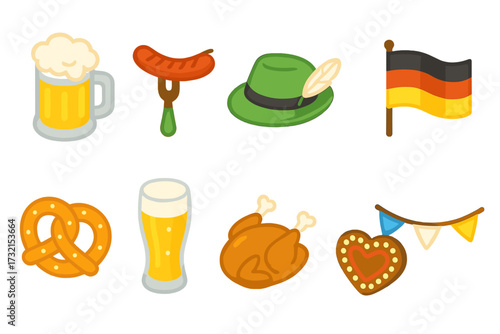 Oktoberfest icon set. beer, pretzel, sausage, german festival icons in filled style
