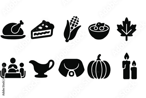 Thanksgiving dinner silhouette icon set. autumn harvest, holiday feast silhouettes.