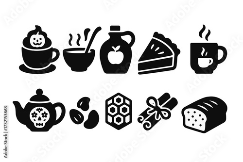 Halloween food silhouette icon set. festive treats and autumn delights collection